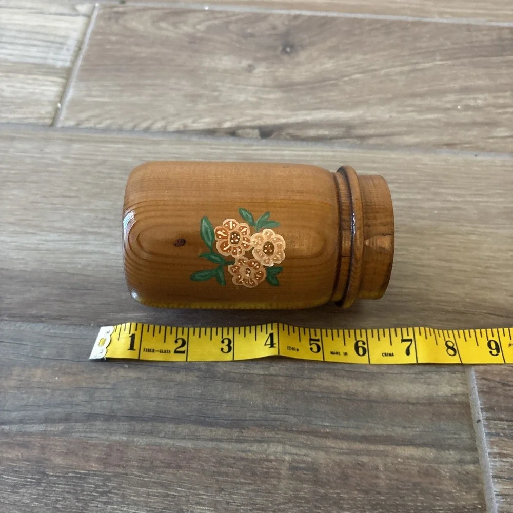 Vintage Wooden Jar Painted Brown Flowers Accent‎ 5